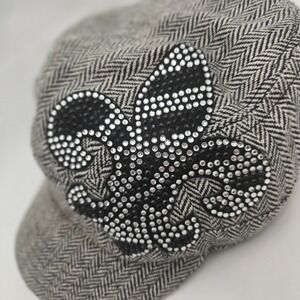 Women's Wool Blend Herringbone Newsboy Cap Rhinestone Fleur-de-Lis Gray Black 16